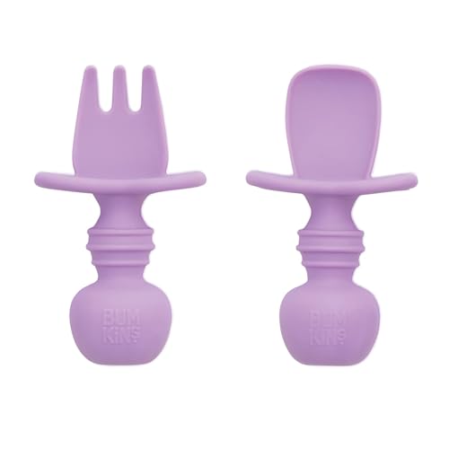 Image of Bumkins Baby Utensils Set, Chewtensils Silicone Spoons for Dipping, Self-Feeding, Baby Led Weaning, Trainer Learning, First Stage Eating, Soft Practice Fork and Spoon, Babies 6 Months, Lavender