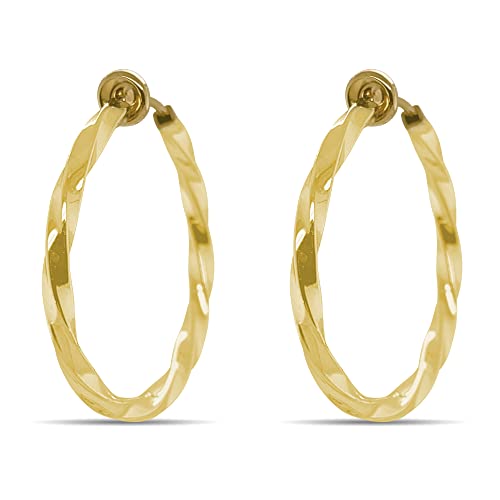 Clip On Spring Hoop Earrings for Non-Pierced Ears (30mm Gold-Tone Twisted)