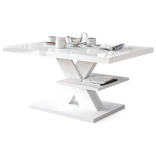 Viosimc Table Basse Blanc Laqué Moderne - Table de Salon Design avec Étagère et Plateau Brillant - Style Élégant et Contemporain (Blanc)