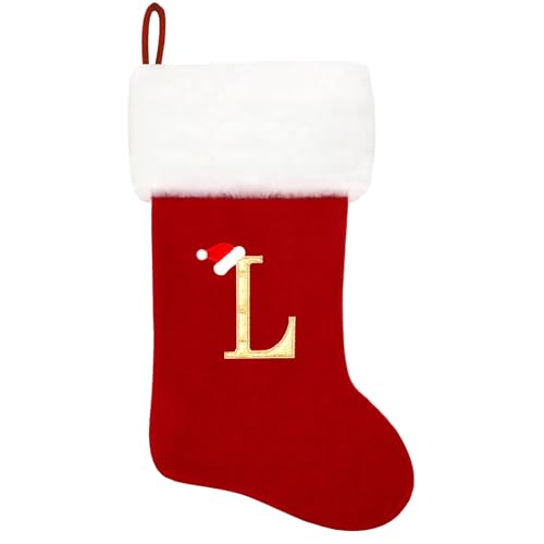 Eoocan 20 Inches Monogram Christmas Stockings Red Velvet with White Super Soft Plush Cuff Embroidered Xmas Stockings Classic Personalized Stocking Decorations for Family Holiday Season Decor(Letter L)