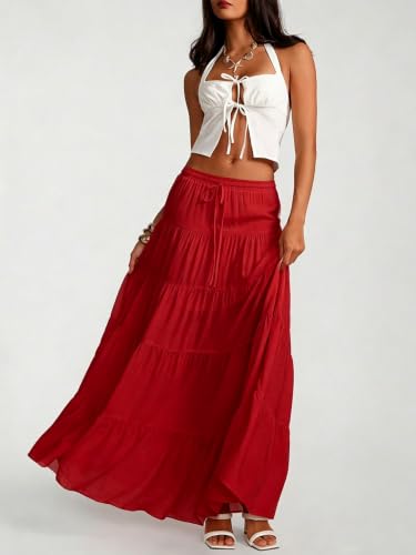 Image of Women's Boho Maxi Skirt Ruffle Flowy Low Rise A Line Beach Long Skirts | Flared Ruffle, Elastic Waist, Summer Vacation Skirts