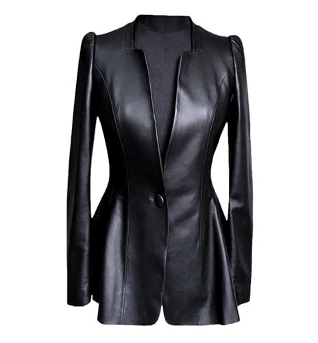 Women’s Slim Fit Soft Faux Leather Jacket Deep V Neck Long Puff Sleeve Elegant Skirted Blazer Outerwear Coat