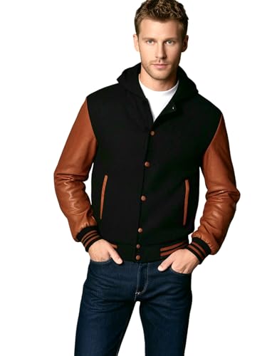Image of Deckra Men's Varsity Jacket Genuine Leather Sleeve and Wool Blend Letterman Boys College Varsity Jackets with Hood XXS-5XL