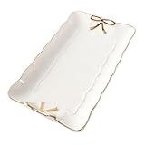 POPETPOP 欧式リボン装飾セラミックトレイ 花边烫デザート皿 ジュエリートレイ 指輪収納 食器用お盆 ホームキッチンバスルーム整理用