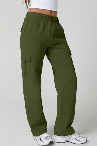 Image of QINSEN Baggy Medium Waist Elastic Sweatpants for Womens Casual Long Fleece Cargo Pants with Pockets