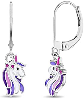 925 Sterling Silver Purple Unicorn Dangle Lever Back Earrings For...