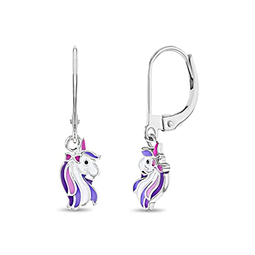 925 Sterling Silver Purple Unicorn Dangle Lever Back Earrings For Girls - Secure and Comfortable Lever Backs - Animal Lover Earrings Best For Little Girls and Pre teens