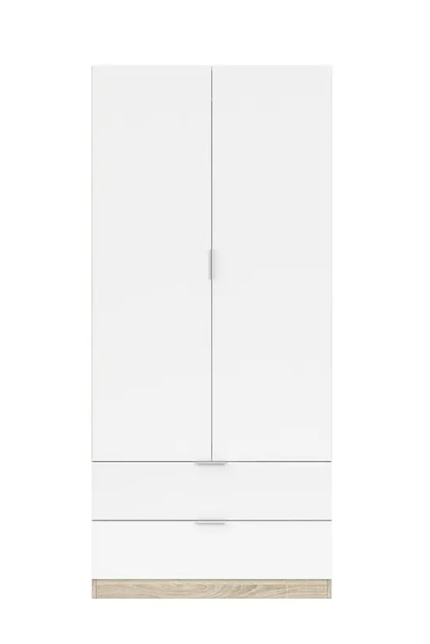Habitdesign Armario de 2 Puertas y 2 cajones, 81x180x 52 (AnchoxAltoxFondo - Cm), Color Blanco Artik y Roble Canadian