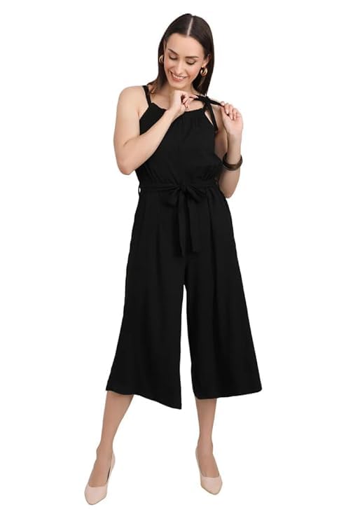 Momiandme Onyx Black Pinstripe Wide-Leg Jumpsuit | Sleeveless Relaxed Fit with Side Long Zip, Belt & Side Pockets | Easy to Wear, Stylish for Casual or Club Looks-image-6