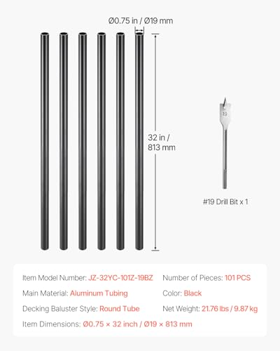 VEVOR Metallbaluster für Treppen, 19 x 19 x 810 mm lang, dekorative Aluminium-Geländerstäbe, 101er-Packung Deckbaluster mit Schrauben, klassisches hohles Deckgeländer
