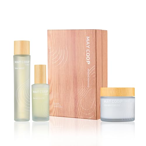 MAY COOP 3-Step Korean Skincare Set | Essence Rice Toner, Moisturizer Face Cream & Activator Facial Serum | Maple Sap Hydrating Routine for All Skin Types