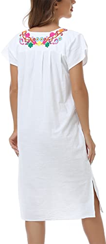 Image of YZXDORWJ Women Mexican Embroidered Long Dress Ruffle Collar Maxi Boho Floral Summer Short Sleeve
