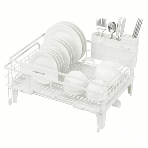 Image of SONGMICS Dish Drying Rack, Kitchen Dish Rack with Drainboard, 360 Rotatable and Extendable Spout, with Cutlery Holder, (12.2-22) x 16.5 x 7.9 Inches, Matte White UKCS552W01