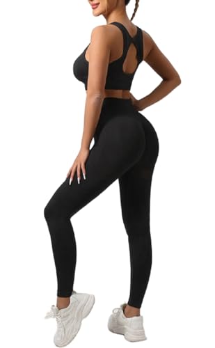 SISAY Completo Palestra Donna Estivo Push Up Tuta Sportiva Due Pezzi Pantaloni Leggings e Reggiseno Schiena Scoperta Pilates Set Abbigliamento per Allenamento Yoga Fitness Jogging Danza Activewear