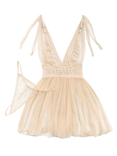 Image of Lilosy Sexy Polka Dots Mesh Sheer Lace Babydoll Chemise Lingerie Set Floral Sleep Wear