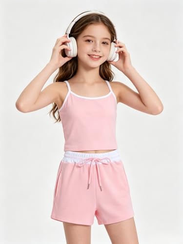 Image of Size 7-14Y Girls Clothes 2 Piece Outfits Striped Tank Top Drawstring Shorts Teen Girls Summer Clothing Sets