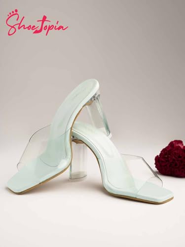 Image of Shoetopia Women's Transparent Block Heels | Stylish Square Toe Slip-On Party Comfortable Sandals