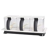 METKA Kitchen Seasoning Box Set - 3 Separate Handle Condiment Boxes-Seasoning Box Jar Plastic Condiment Transparent Storage Container- Cruet with Cover and Spoon (White)