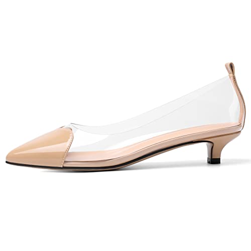 YODEKS Women Clear Heels Low Kitten Heel Pumps Slip On 1.5 Inch Pointed Cap Toe Dress Shoes2