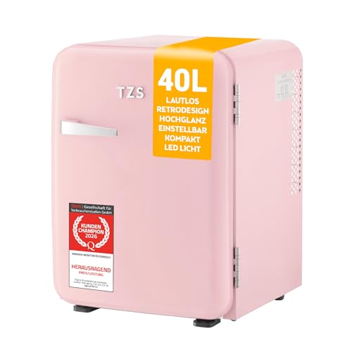 TZS First Austria - Retro Mini Kühlschrank 40L - Lautlos - Vintage Minibar für Schlafzimmer & Büro - rosa