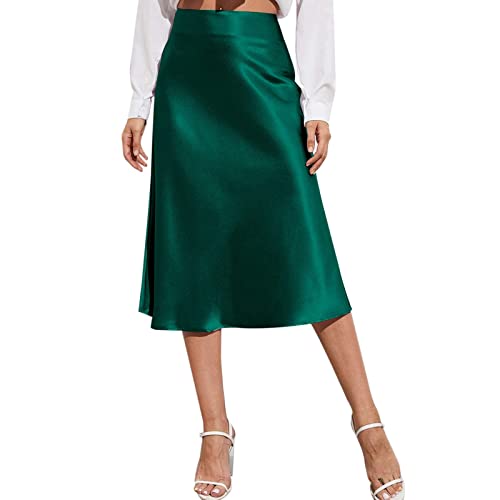 Generisch 2025 - falda midi de cintura alta para mujer, vestido de satén sólido, cremallera, elegantes faldas de verano de cuero genuino, verde, XL