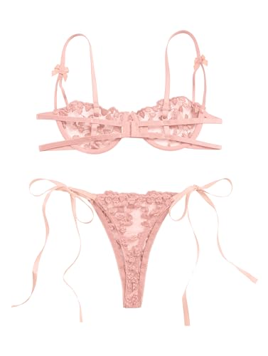 Image of Lilosy Sexy Tie Side Cute Underwire Push Up Strappy Embroidered Mesh Sheer Lingerie Set