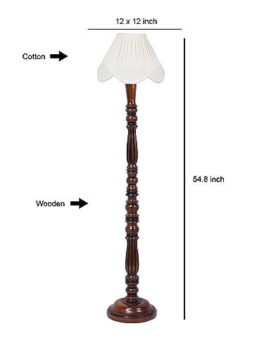 Image of Vintage Off-White Cotton Floor Lamp - 54 inch Height, Wooden Base - Classic Standing Lamp for Living Room, Home & Office Home Lighting Decor