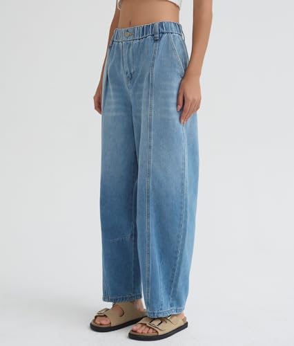 D-Sun Women's Baggy Barrel Jeans Wide Leg Elastic Mid Rise Jeans Casual Boyfriend Denim Ankle Pants3