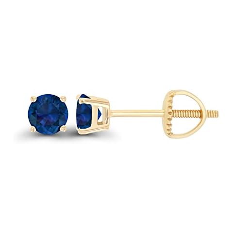 14K Yellow Gold Plated Sterling Silver 4mm Round Created Blue Sapphire September Birthstone Screwback Stud Earrings Cover