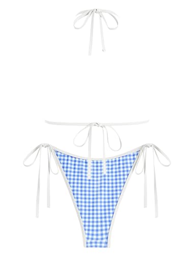 Image of ZAFUL Bikini Sets for Women Halter Bow Decor Tiny Floral Gingham Print Swimsuit Tie Side 2 Pieces Bathing Suit (2-a-Sky Blue, M)