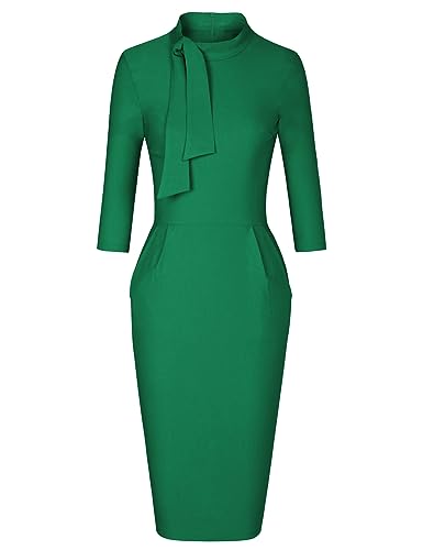 Image of MUXXN Women's Midi Pencil 1950s Vintage Cocktail 3 /4 Sleeve Tie Neck Bodycon Mid-Calf Dress with Pockets
