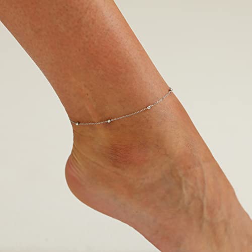 Image of NONAMOIS Ankle Bracelets for Women Dainty 18K Gold Plated Anklet Waterproof Round Beaded Paperclip Herringbone Pearl Chain Anklets Waterproof Beach Foot Jewelry