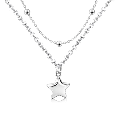 Star Layered Necklaces for Women - Sterling Silver Adjustable Star Pendant Necklace Stacked Bead Double Chain Charm Necklace Fashion Gifts for Christmas Birthday for Teen Girls Girlfriend Wife