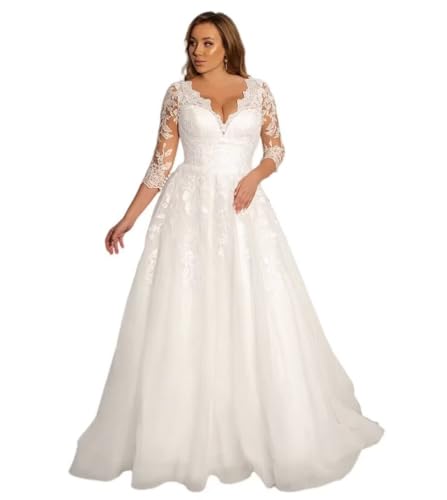 Women’s A-line Plus Size Wedding Dress, Sheer Lace 3/4 Sleeves Wedding Dress for Brides