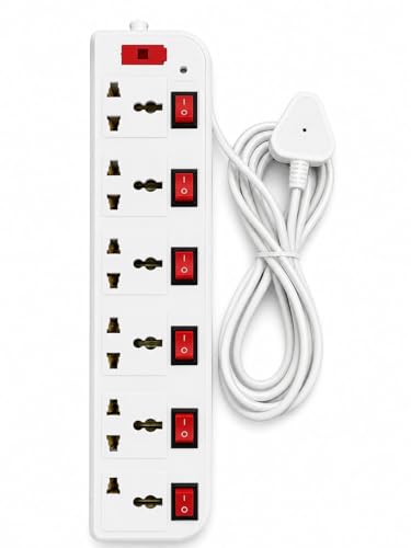 6-Socket Extension Board with Individual Switches, White, 6A-240V, Universal Sockets, Individual Switch with 3M Wire - Image 3