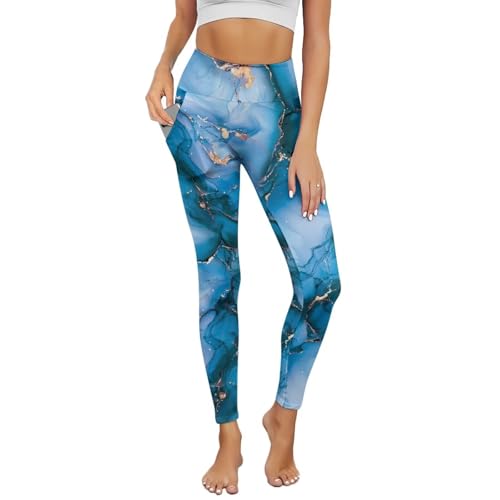 Poceacles Blue Gold Marble Pocket Yoga Leggings for Women Lounge Yoga Pants Tights Stretchy Slim Basic Pants Sportswear Active Yoga Leggings for Workout Sports Yoga, 3XL
