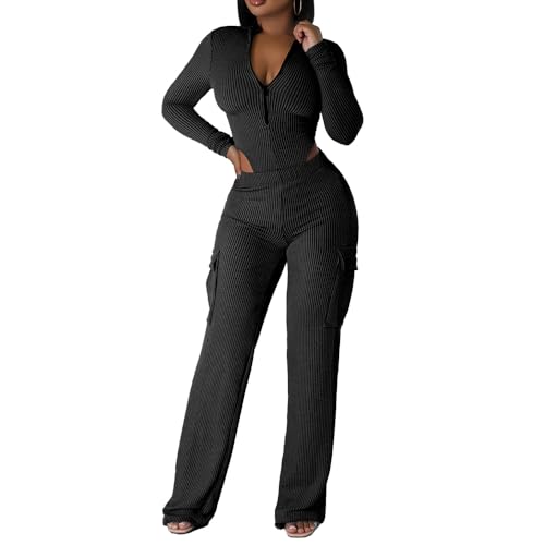 Molilove Womens 2 Piece Outfits Casual Ribbed Long Sleeve Bodysuit High Waist Wide Leg Cargo Pants Sets Fall Y2K Streetwear
