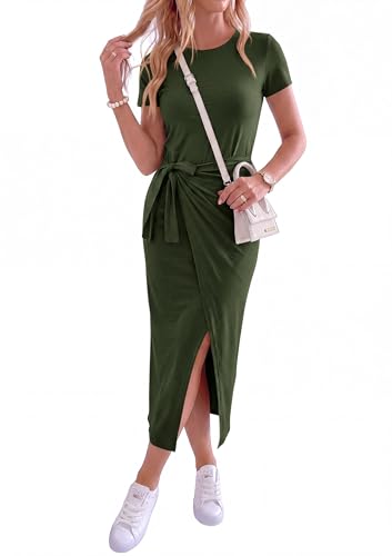 Image of NOLLSOM Women Casual Sleeveless Striped Tank Midi Dresses Halter Neck Ruched Bodycon Dresses Tie Waist T Shirt Summer Dress