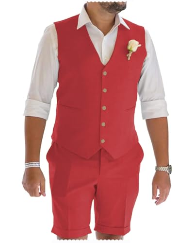 Men's Linen 2 Piece Suit Slim Fit Beach Wedding Groom Best Man Casual Vest Shorts Set