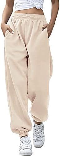 Women's Cinch Bottom Sweatpants Pockets High Waist Sporty Gym Athletic Fit Jogger Pants Lounge Trousers (Beige, Large)