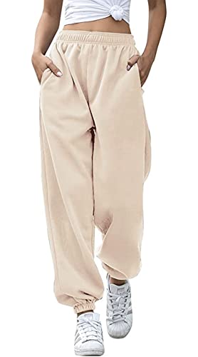 Women's Cinch Bottom Sweatpants Pockets High Waist Sporty Gym Athletic Fit Jogger Pants Lounge Trousers (Beige, Large) #TOP7