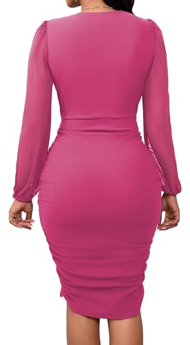 Image of SeNight Women Church Dress Sexy V Neck Dresses Bodycon Black Long Sleeve Mini Dresses