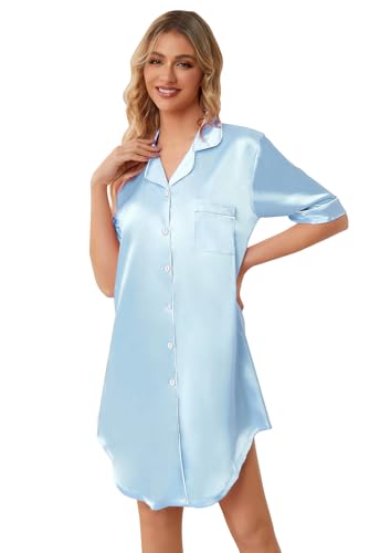 Image of Schbbbta Girls & Women Silk Nightgown, Short Sleeve Button Down Satin Nightshirt Pajama House Dress, 3 Years- Women 2XL