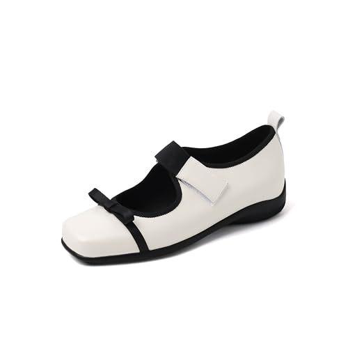 Ballet Flats for Women Bow Mary Jane Shoes Ballerina Closed Square Toe Strap Flats Comfortable Cute Dressy Shoes