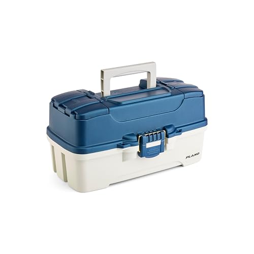 Image of Plano Three-Tray Tackle Box, Blue /White, Rust-Proof Brass Latch, Top-Access Tray with Deep Storage, Made in the USA, Portable Fishing Gear Storage Organizer