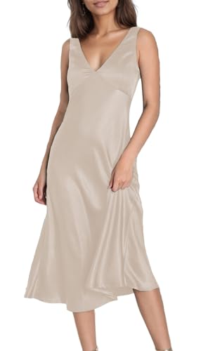 Amazon.com: Summer Satin V Neck Backless Midi Dresses for Women 2025 Silky  A line Formal Low Back Sleeveless Wedding Guest Long Dress Champagne :  Clothing, Shoes & Jewelry