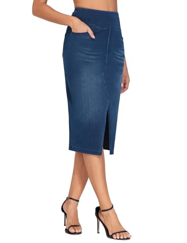THE GYM PEOPLE Women's High Waisted Stretchy Jean Skirts Front Slit Midi Denim Skirt with Pockets Dark Blue