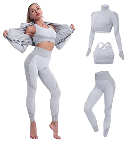 YETOWA Women's 3pcs Seamless Outfit Workout Sets Gym, Fitness Sports Tracksuit Workout Set Running Clothes Yoga Sportswear