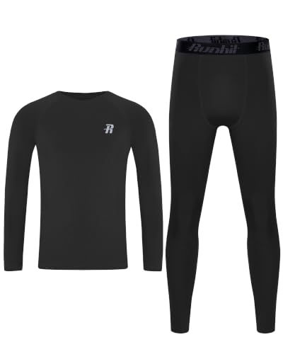 Runhit Boys Compression Shirts & Pants Set Youth Football Long Sleeve Undershirts Leggings Kids UPF50 Sport Quick Dry Base Layer Tights for Basketball Black M