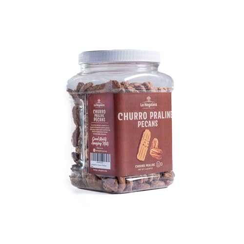 Image of Churro Praline Pecans 2 lbs - Sweet Cinnamon Sugar Pecan Snack with Crunchy Coating - Gourmet Candied Pecans by La Nogalera in a 2 pound resealable jar
